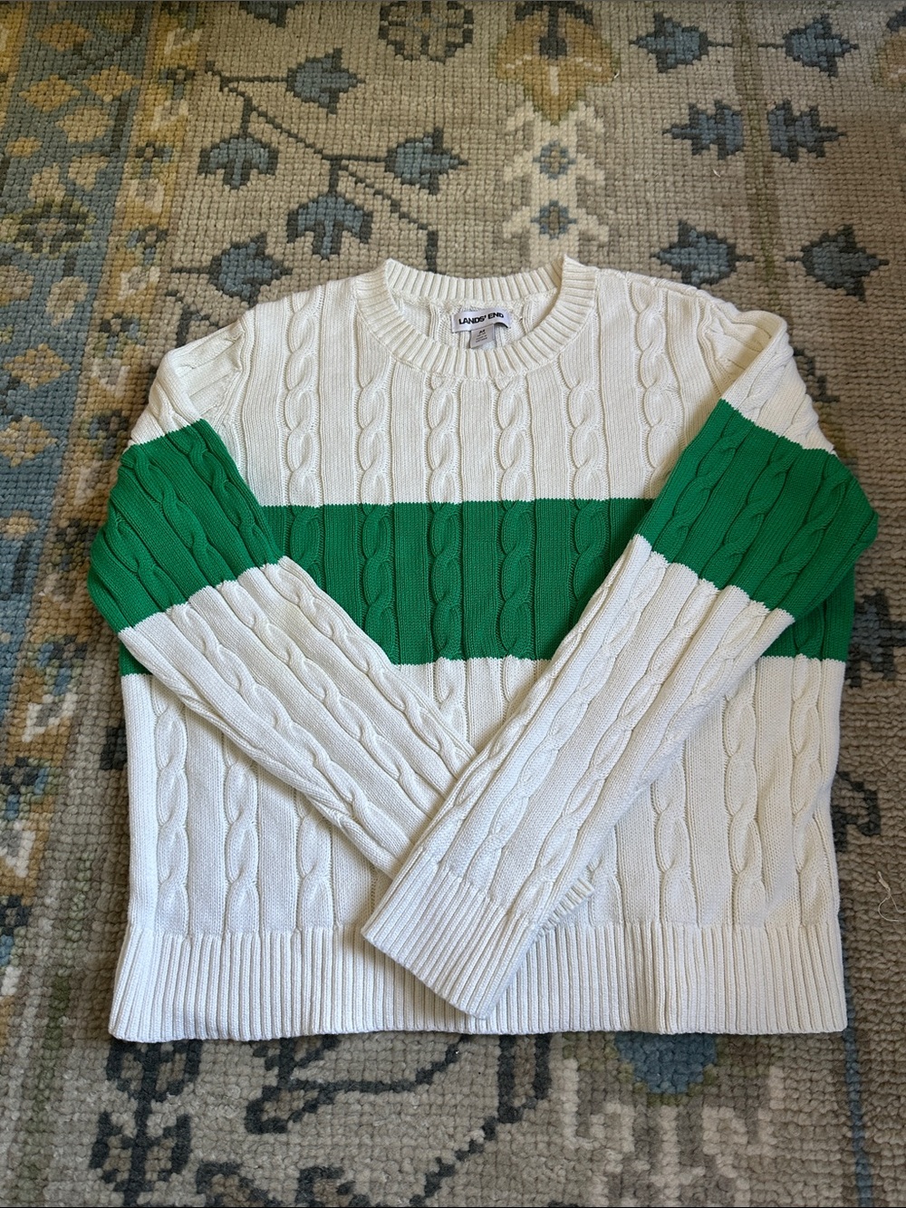 Lands' End Cream Cable Knit Crewneck Sweater with Green Stripe